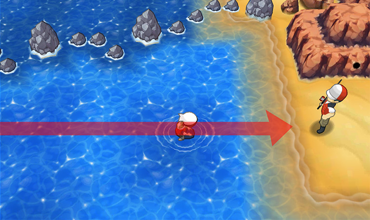 Arriving at the eastern shore of Route 118 by surfing. / Pokémon Omega Ruby and Alpha Sapphire