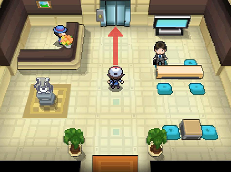 Going to the elevator to the building’s 55th Floor. / Pokémon Black and White