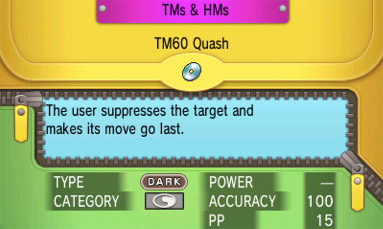 In-game details for TM60 Quash / Pokémon Omega Ruby and Alpha Sapphire
