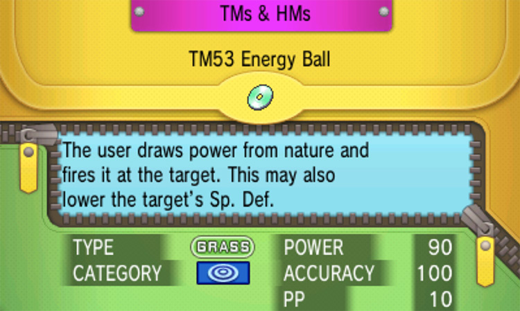 In-game details for TM53 Energy Ball / Pokémon Omega Ruby and Alpha Sapphire