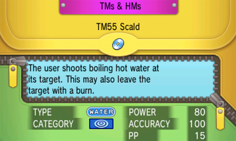 In-game details for TM55 Scald / Pokémon Omega Ruby and Alpha Sapphire