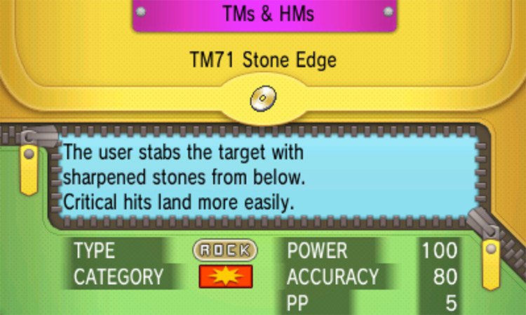 In-game details for TM71 Stone Edge / Pokémon Omega Ruby and Alpha Sapphire