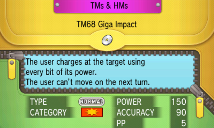 In-game details for TM68 Giga Impact / Pokémon Omega Ruby and Alpha Sapphire