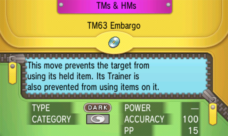In-game details for TM63 Embargo / Pokémon Omega Ruby and Alpha Sapphire