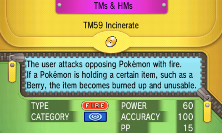 In-game details for TM59 Incinerate / Pokémon Omega Ruby and Alpha Sapphire