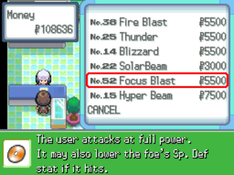 TM52 Focus Blast’s listing at the Veilstone Department Store / Pokémon Platinum