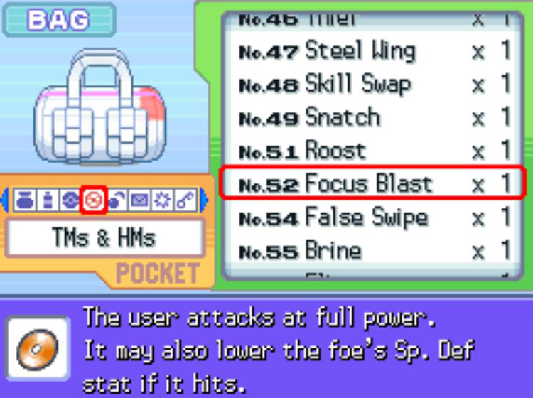 In-game description of TM52 Focus Blast / Pokémon Platinum