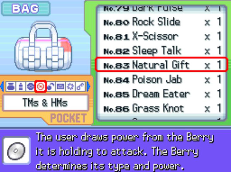 In-game description of TM83 Natural Gift / Pokémon Platinum