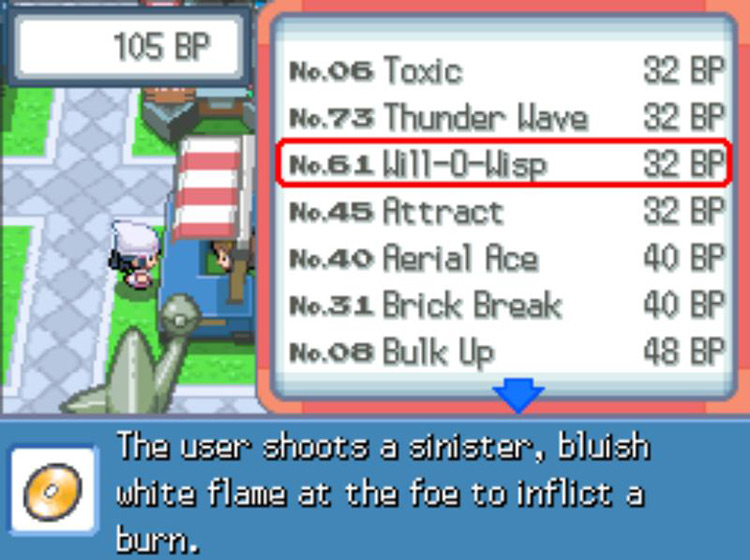TM61 Will-O-Wisp’s listing at the Battle Frontier / Pokémon Platinum