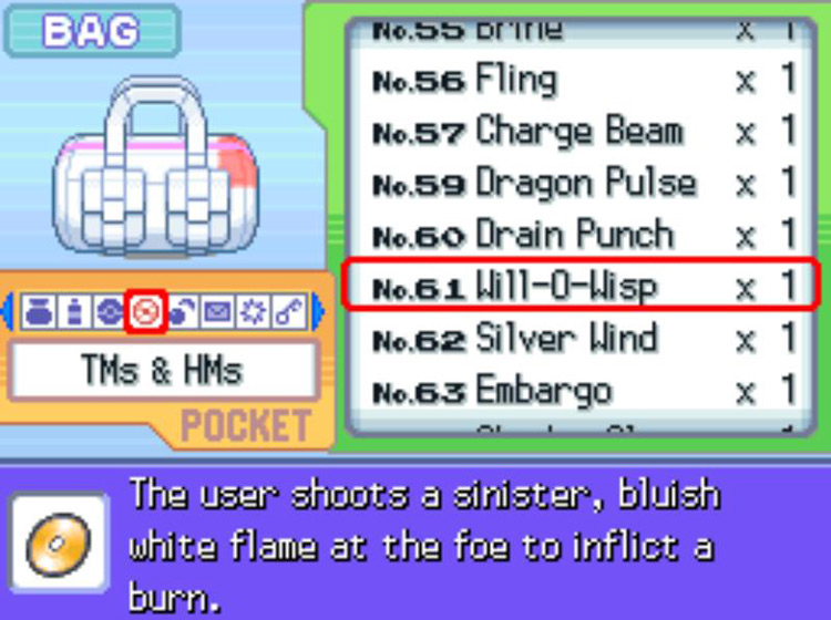 In-game description of TM61 Will-O-Wisp / Pokémon Platinum