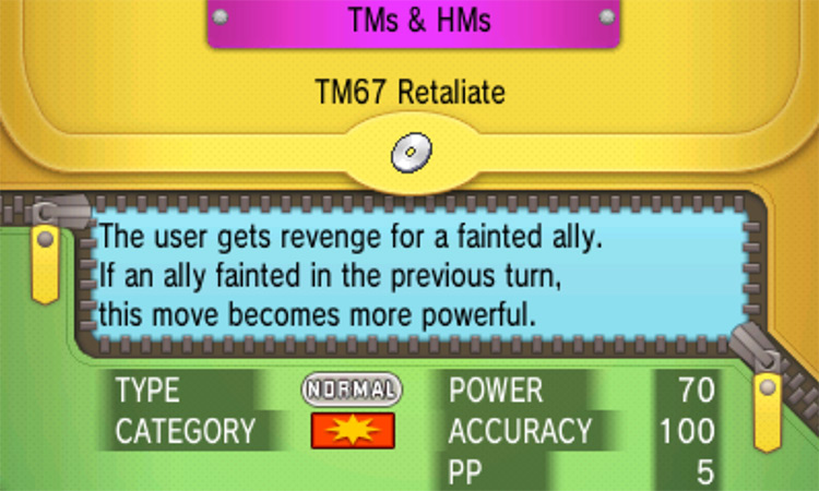 In-game details for TM67 Retaliate / Pokémon Omega Ruby and Alpha Sapphire