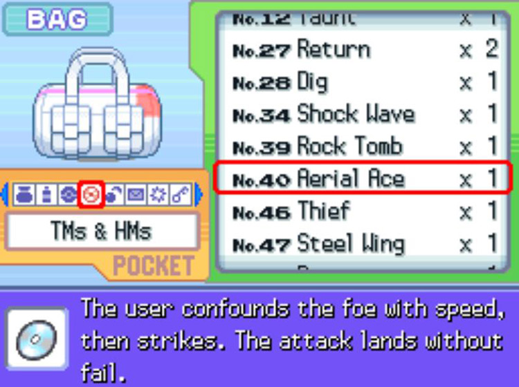 In-game description of TM40 Aerial Ace / Pokémon Platinum