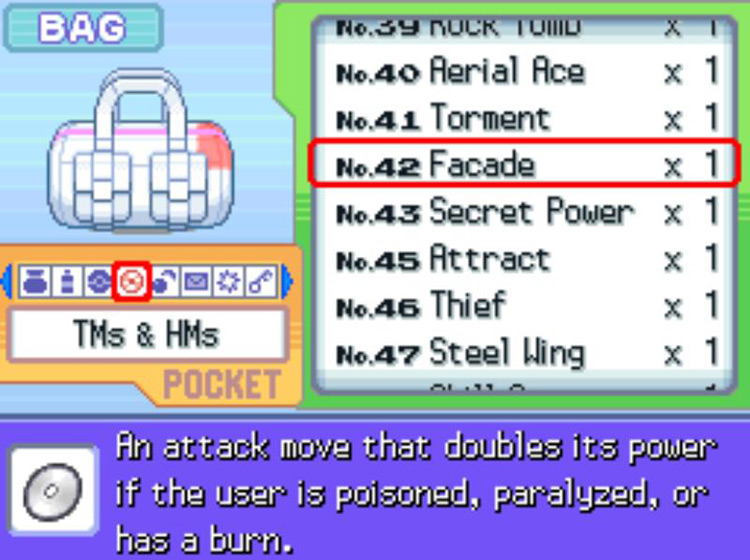 In-game description of TM42 Facade / Pokémon Platinum