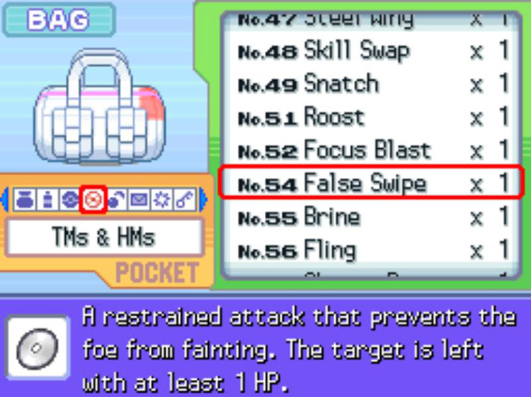 In-game description of TM54 False Swipe / Pokémon Platinum