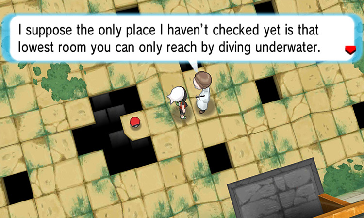 The Scientist tells you to check the underwater basement. / Pokémon Omega Ruby and Alpha Sapphire