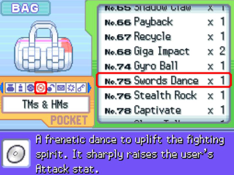 In-game description of TM75 Swords Dance / Pokémon Platinum