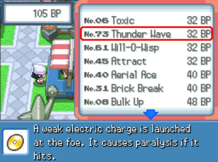 TM73 Thunder Wave’s listing at the Battle Frontier / Pokémon Platinum
