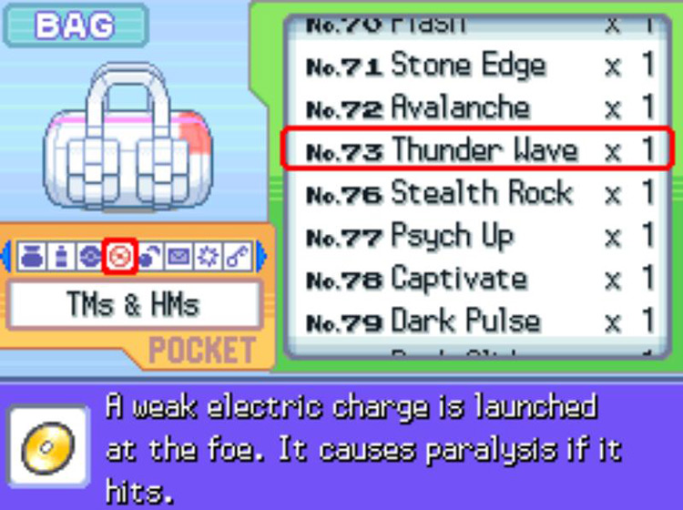 In-game description of TM73 Thunder Wave / Pokémon Platinum