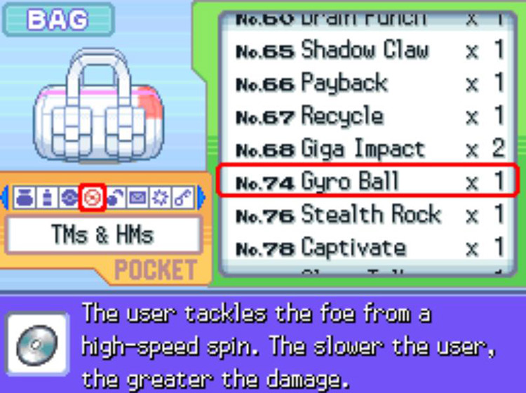 In-game description of TM74 Gyro Ball / Pokémon Platinum