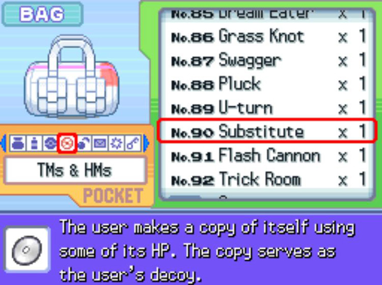 In-game description of TM90 Substitute / Pokémon Platinum