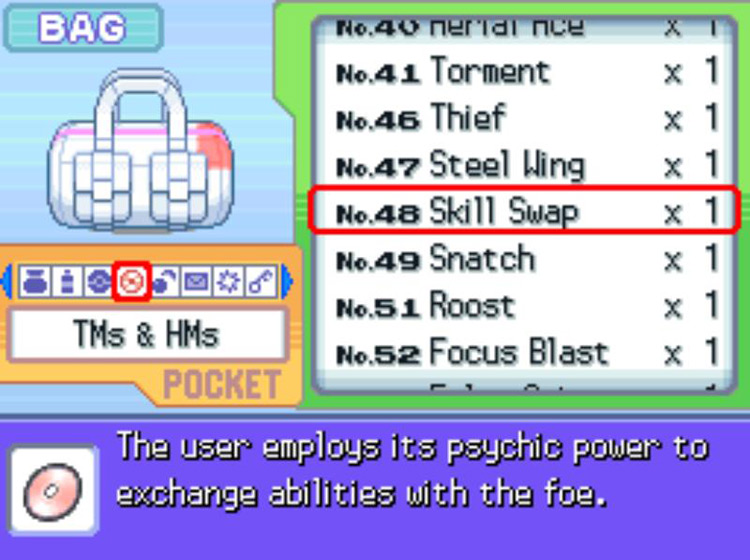 In-game description of TM48 Skill Swap / Pokémon Platinum