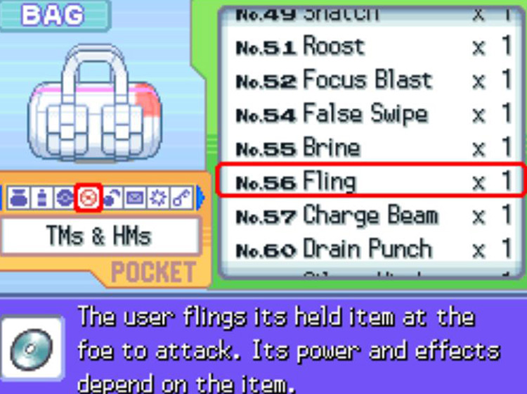 In-game description of TM56 Fling / Pokémon Platinum