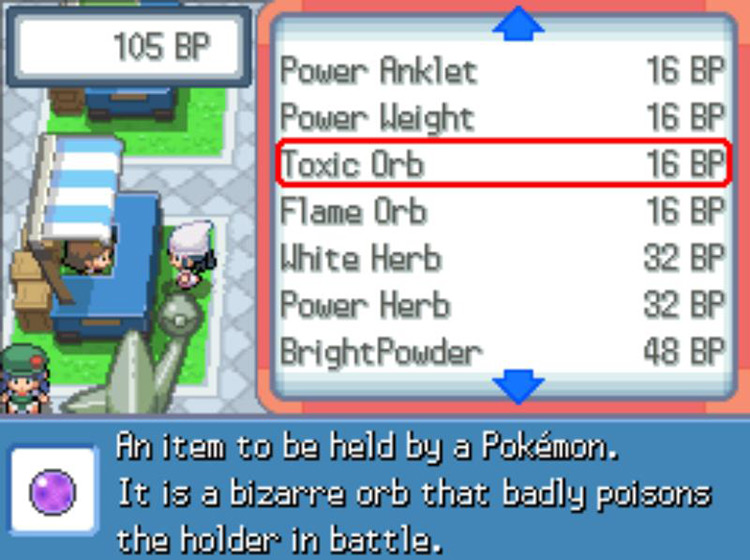 Toxic Orb’s listing at the Battle Frontier / Pokémon Platinum
