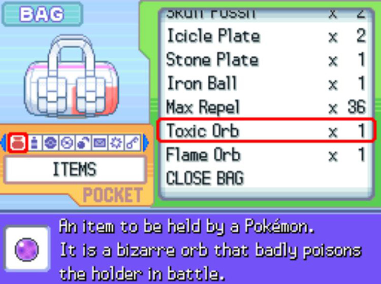 In-game description of the Toxic Orb / Pokémon Platinum