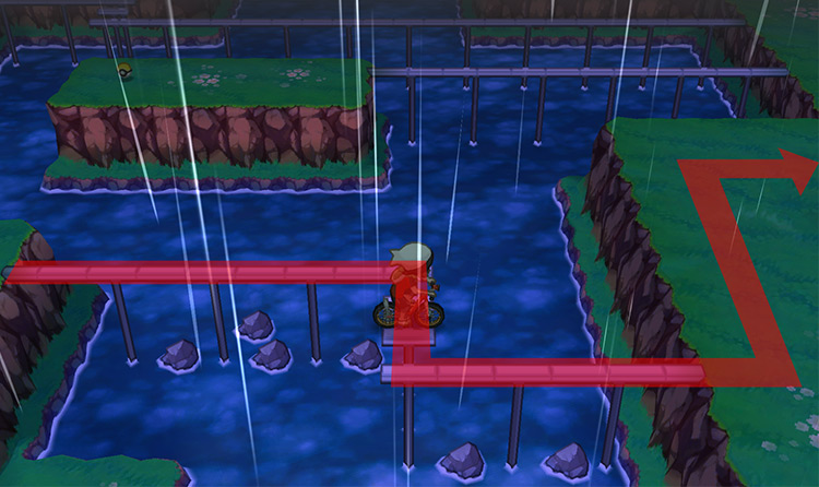 Jumping across the rails using the Acro Bike. / Pokémon Omega Ruby and Alpha Sapphire