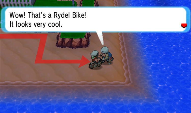 Showing a bicycle to the Triathlete at the Battle Resort. / Pokémon Omega Ruby and Alpha Sapphire