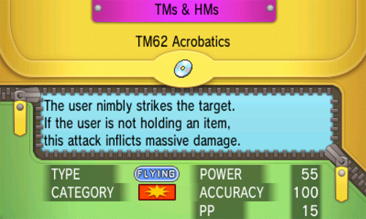 In-game details for TM62 Acrobatics / Pokémon Omega Ruby and Alpha Sapphire