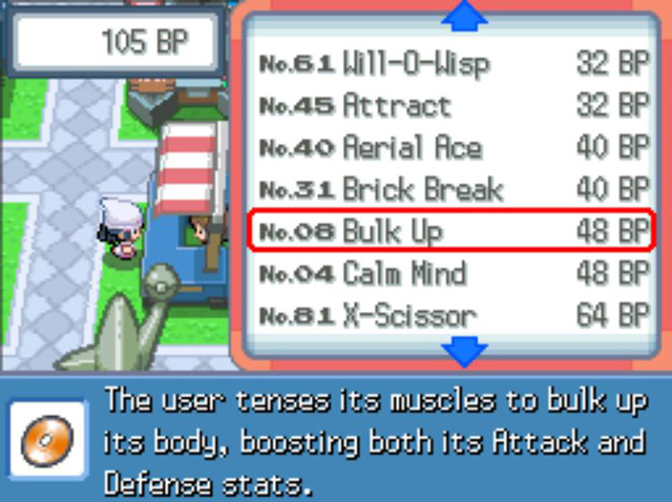 TM08 Bulk Up’s listing at the Battle Frontier / Pokémon Platinum