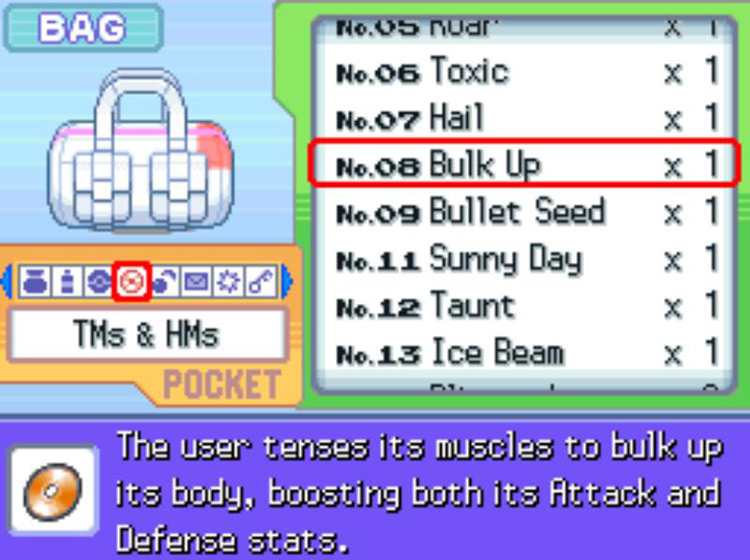 In-game description of TM08 Bulk Up / Pokémon Platinum