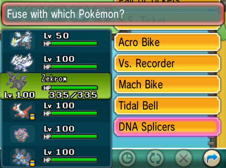 Selecting Zekrom to fuse with Kyurem using the DNA Splicers. / Pokémon Omega Ruby and Alpha Sapphire