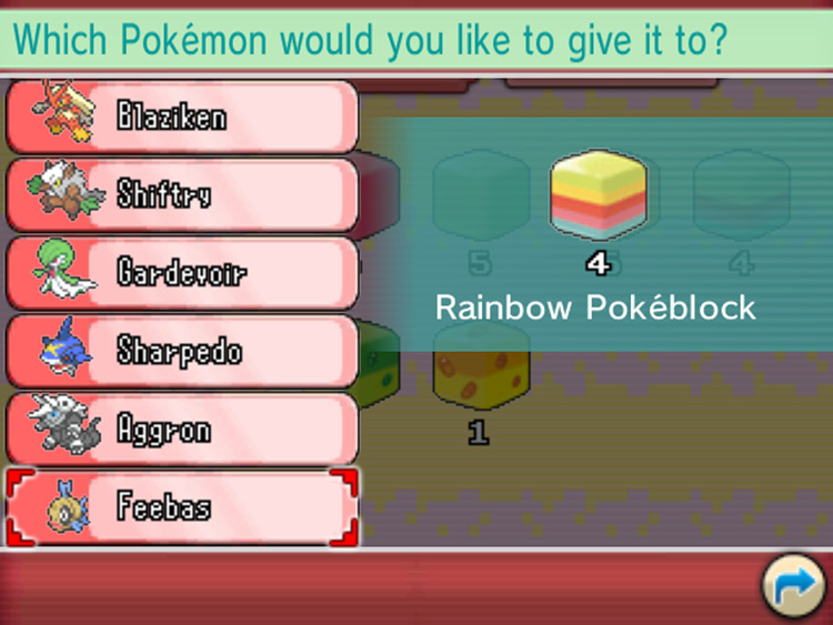 Selecting Rainbow Pokéblocks to feed a Feebas. / Pokémon Omega Ruby and Alpha Sapphire