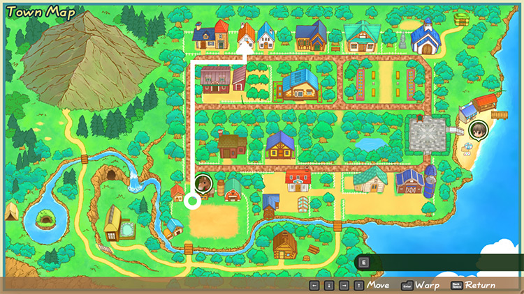 Map of Mineral Town with directions to Ellen’s house. / Story of Seasons: Friends of Mineral Town