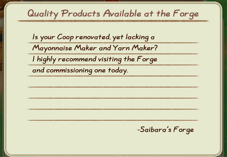 Saibara’s letter about the Maker Machines. / Story of Seasons: Friends of Mineral Town