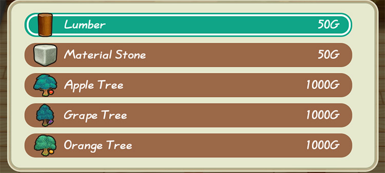 Interface of Gotts’ normal shop inventory. / Story of Seasons: Friends of Mineral Town
