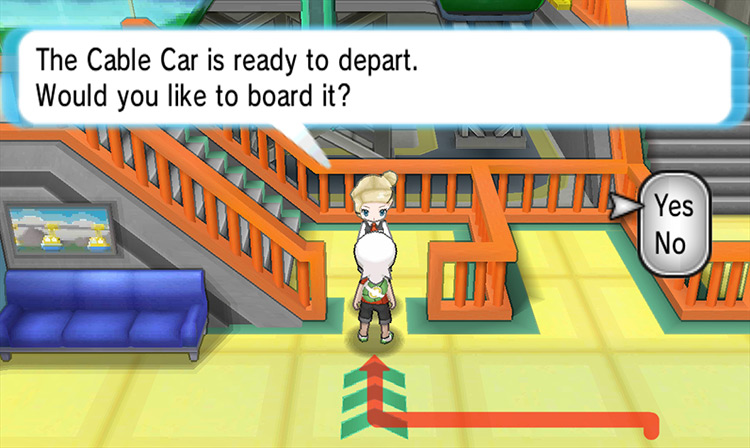 Talking to the attendant inside the cable car station. / Pokémon Omega Ruby and Alpha Sapphire