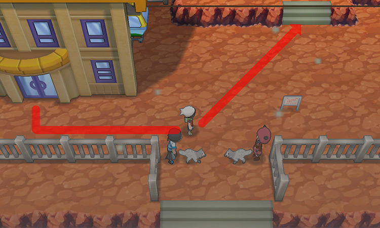 Exiting the cable car station on Mt. Chimney and heading to the stairs. / Pokémon Omega Ruby and Alpha Sapphire