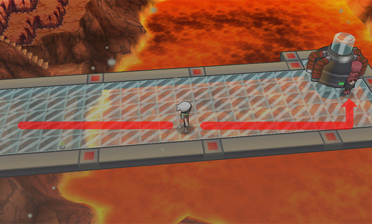 Walking to the end of the glass platform to battle the Magma leader Maxie. / Pokémon Omega Ruby and Alpha Sapphire