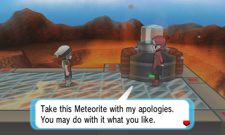Receiving the Meteorite after defeating the evil team’s leader. / Pokémon Omega Ruby and Alpha Sapphire