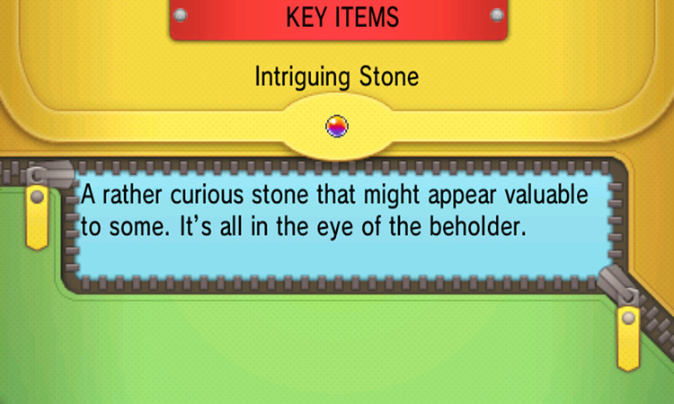 Intriguing Stone item description. / Pokémon Omega Ruby and Alpha Sapphire