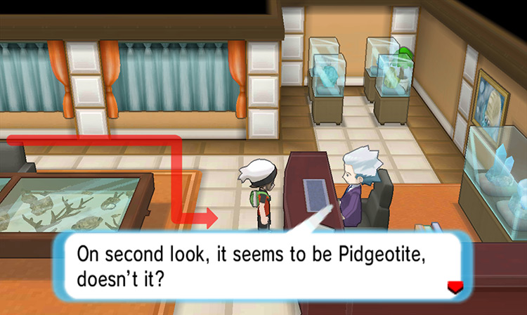 Talking to Mr. Stone in Devon’s building to obtain the Pidgeotite. / Pokémon Omega Ruby and Alpha Sapphire
