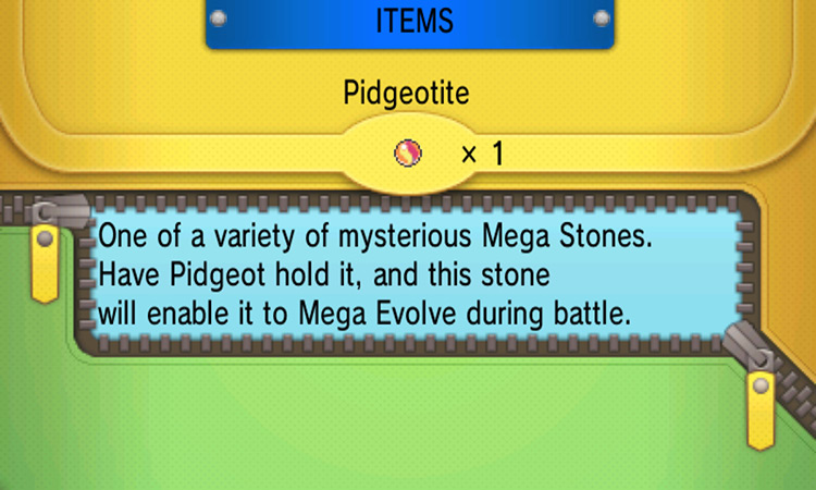 Pidgeotite item description. / Pokémon Omega Ruby and Alpha Sapphire