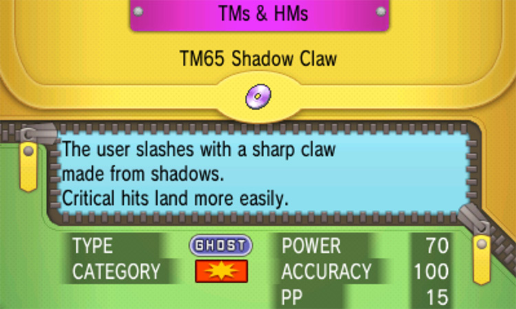 In-game details for TM65 Shadow Claw / Pokémon Omega Ruby and Alpha Sapphire