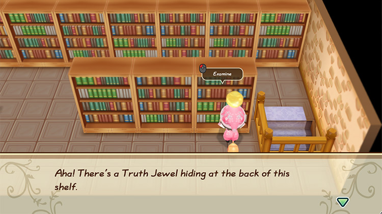The farmer examines the bookcase in the library. / Story of Seasons: Friends of Mineral Town
