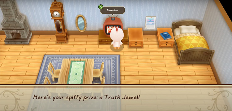 Winning a Truth Jewel from the Harvest Goddess’ game show in the Town Villa. Source / Story of Seasons: Friends of Mineral Town