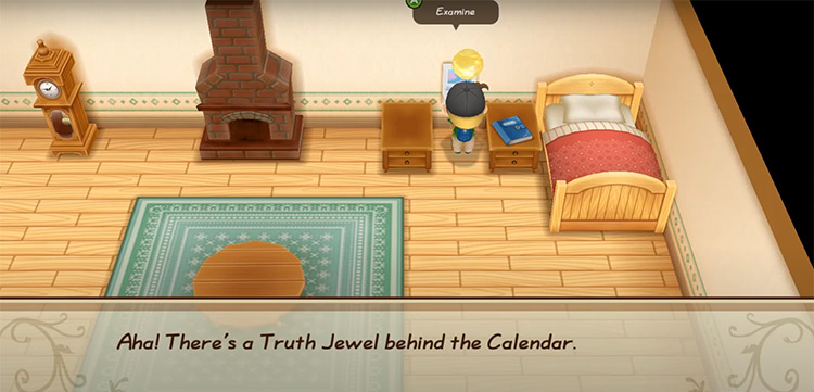The farmer examines the calendar inside the Mountain Cottage. Source / Story of Seasons: Friends of Mineral Town