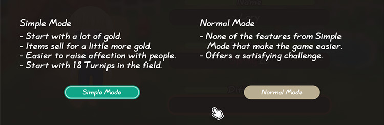 Interface of the game’s mode selection screen. / Story of Seasons: Friends of Mineral Town